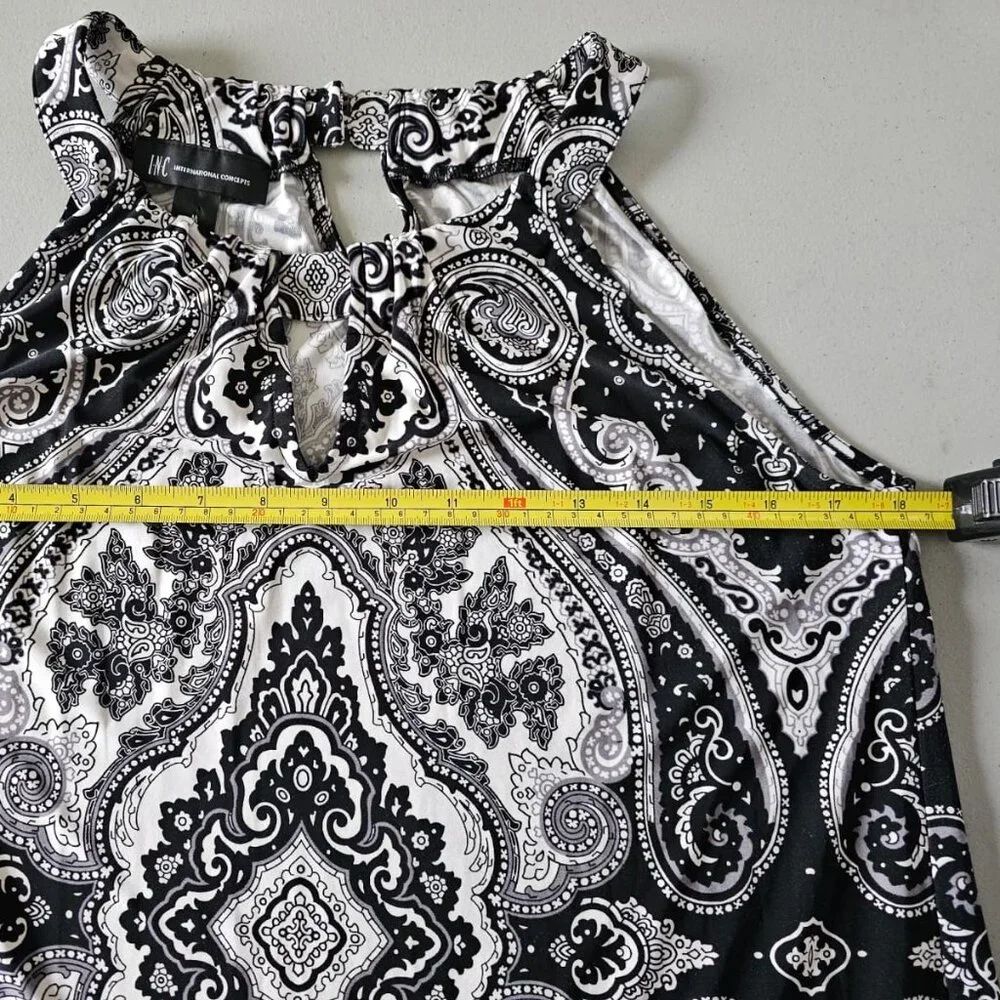 INC International Concepts Top M Black White Paisley Sleeveless Pom Pom Hem Trim - Picture 4 of 13